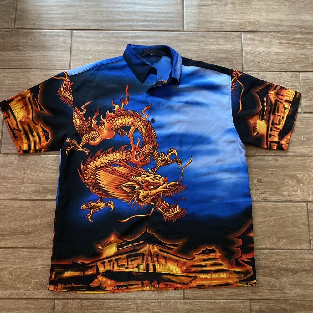 MT:2 Button Up Short Sleeve Shirt Dragon Double Sided Korea Mens Size Large